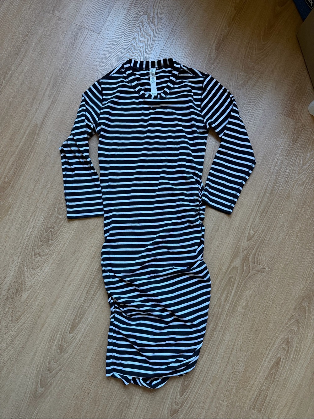 Lululemon Anytime Ruched Black and White Striped Long Sleeve Midi Dress